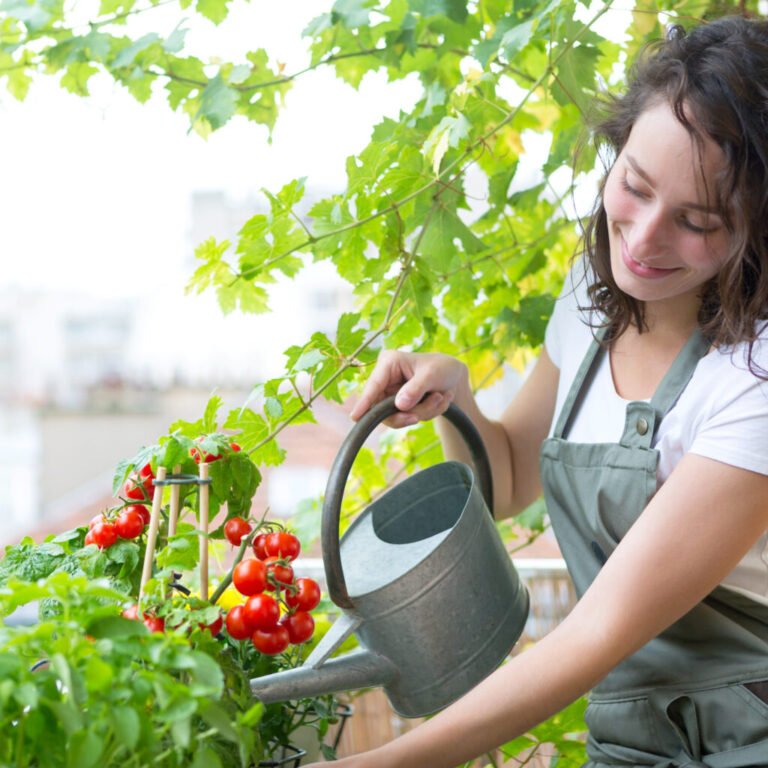 View,Of,A,Young,Woman,Watering,Tomatoes,On,Her,City